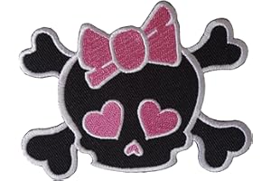 ELLU Parche bordado con diseño de calavera y corazones, color rosa