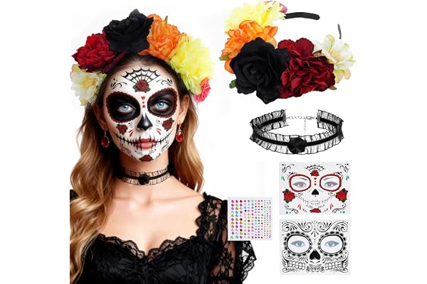 Lufdegim Dia De Los Muertos Hårband, Halloween och de dödas dag, ansiktsterapi, rosor, dekoration, dödskalle, pannband för kvinnor