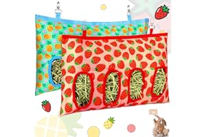 WEEWOODAY 2 Pieces Rabbit Hay Bag Small Animals Hay Feeder Bag Hanging Feeding Storage Guinea Pig Hanging Feeder Sack with 4 Holes for Small Pets Rabbit Bunny Hamster Guinea Pig (Pineapple, Strawberry)