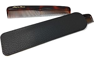 Peine de bolsillo Niavida de acetato de color negro, 13,5 cm, fabricado en Francia, con estuche de piel auténtica en color negro