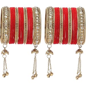 ZENEME Gold-Plated Matte Finish Velvet American Diamond Studded Gold Pearl Tasselled Bangles Set Of 56 For Girls and Women