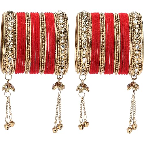 ZENEME Gold-Plated Matte Finish Velvet American Diamond Studded Gold Pearl Tasselled Bangles Set Of 56 For Girls and Women