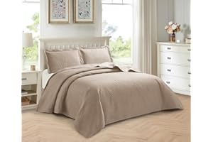 PRIME LINENS 3 Piece Quilted Bedspread Embossed Leaf Pattern Bedding Set Bed Throw with Pillow Cases Machine Washable (Mink, King)