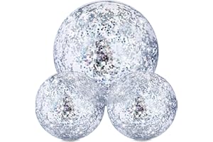 YEAMLTE Glitter Ballon de Plage Gonflable, 3 PCS Transparent Sequin Ballon Gonflable Plage, Confetti Beach Balls Piscine, pour Les Fêtes D'été Sur la et à la Piscine (argent)