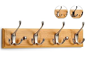 LARHN Wall-Mounted Coat Rack - 4 Matt-Nickel Triple Coat Hooks for Wall on Stylish Wooden Bamboo Base - 42 cm - All Fixings Included