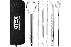 GTEX Kit de Limpieza Dental - 6Pcs Kit de Dentista Para Eliminar el Sarro - Limpiador Sarro Dental, Raspador, Espejo, Limpiador de Lengua - Limpiador De Dientes Para La Higiene Bucal