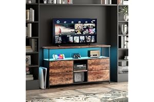 JiaOyu Mobile TV con illuminazione a LED e 4 cassetti in tessuto, per TV fino a 55 pollici, tavolo TV multifunzione con scomparti aperti per soggiorno (marrone/4 cassetti, 137 cm)