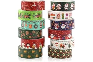 Jodsen 12 Rouleaux Ruban Washi de Noël Multi-Motif Rubans de Décorative Masking Snowman Adhesive Decorative Tape Holiday Tapes Pastel Scrapbook Stickers Ruban pour Scrapbooking Enveloppement Cadeau