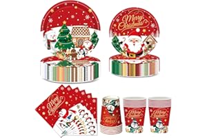 Nkaiso 96 Pièces Vaisselle en Papier de Noël, Jetable Ensemble Assiettes en Papier, Verres, Serviettes et Nappe à Motifs Festifs - Décoration de Fête Thématique Pour 24 Invités