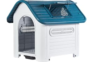 Lanco - Kennel for Medium Dogs with Adjustable Sunroof and Toilet. Indoor and Outdoor Use with Vents. Resistant Material. 35x28x30 inches (L*W*H). Blue and White.