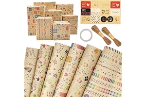 LZRINUE 6 Sheets 70 X 50cm Gift Wrapping Paper, Recyclable Birthday Wrapping Paper with 2 String, 1 Double-Side Tap, 1 Sticker, Wrapping Paper for Party Baby Shower Birthday Gift Decoration
