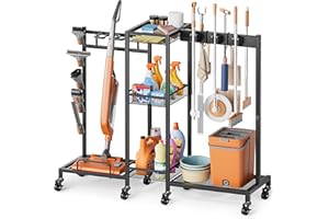 Bikoney Broom Holder with Cleaning Supplies Organizer, Mobile Cleaning Trolley with Mop and Broom Storage, Cleaning Cart with Cabinet and Vacuum Stand for Home and Laundry Room