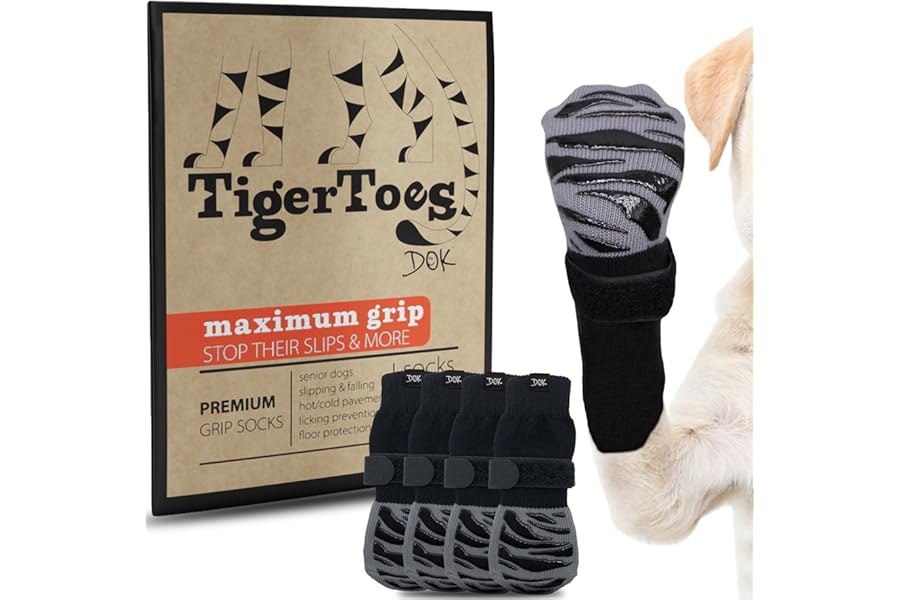 DOK TigerToes Premium Non-Slip Dog Socks for Hardwood Floors - Extra-Thick Grip That Works Even When Twisted - Prevents Licking, Slipping, and Great for Dog Paw Protection - Size Large