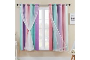 XiDi Tende Arcobaleno per Camera da Letto Decorazione a Stelle Scavate Tende Verdi a Rete Termoisolate con Anelli per Bambini Ragazze Trattamento Della Finestra Della Pink PurpleGreen/132/160/2 IT