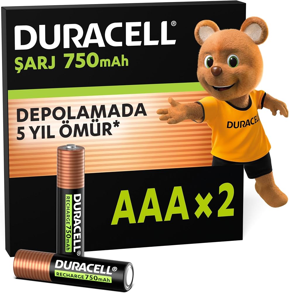 DURACELL ŞARJ EDİLEBİLİR AAA İnce Kalem Pil (2'li Paket), 750 mAh NiMH | Ön Şarjlı - Uzun Ömürlü Güç Sunan Şarj Edilebilir AAA Pil - Oyun Kumandaları İçin - %0 Plastik Ambalaj