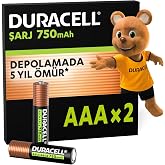 Duracell Şarj Edilebilir AAA Ince Kalem Pil (2'Li Paket) 750 Mah Nimh, 1000 Sarj D&ouml;ng&uuml;s&uuml;, &Ouml;nceden Sarj Edilmiştir