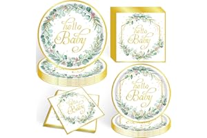 APDECCLK 52 PCS Sage Greenery Hello Baby Tableware Set, Green Gold Eucalyptus Leaf Baby Shower Plates and Napkins Sets for Baby Girl Boy Neutral Baby Shower Party Decorations Supplies