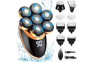 Head Shavers for Bald Men, Bestcool 7D Bald Head Shaver 5-in-1 Electric Shavers Men Wet Dry Mens Head Shaver Cordless Rotary Shaver Grooming Kit with Beard Clippers Nose Trimmer for Men (Gold)