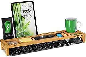 PIETVOSS Organizer na biurko z drewna bambusowego – organizer na klawiaturę, tablet, przybory biurowe – z prowadnicą na kabel, 56 x 15 x 6 cm