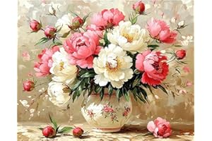 DAERLE Pintar por Numeros Adultos, Peonías florecientes, DIY Painting by Numbers Kits, Flores rosas y blancas, Cuadros para Pintar por Numeros Pinturas Acrilicos, decoración para el hogar 50x40cm Sin Marco