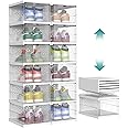 SONGMICS Shoe Boxes, Pack of 12 Stackable Shoe Storage Organiser, Set of 2 Integraed Shoe Cabinets, Foldable and Portable, Fit up to UK size 12, 60s Assembly, Transparent and Cloud White LSP206W01