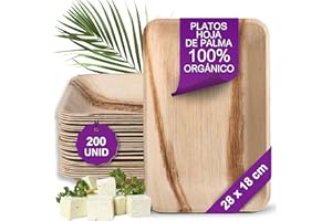 Waipur 200 Platos Desechables de Hoja de Palma Ecológicos - Rectangular 28x18 cm - Vajilla Orgánica - Estable, Natural y Compostable - Bandejas Elegantes para Fiestas - Estilo Madera