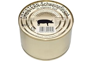 ‎DREISTERN DREISTERN Schweinefleisch im eigenen Saft 400g I Mit Schweineschwarte I Herzhafte Spezialität in recyclebarer Goldlackdose I Lange Haltbarkeit dank natürlicher Konservierung I Hausmacher Qualität