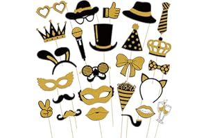 Photo Booth Props, Kaluofan 25 PCS Black and Gold Party Decorations, Photobooth Party Props Accessories for Adults and Kids, Funny Photo Props for Christmas New Years Eve Decorations Birthday Wedding