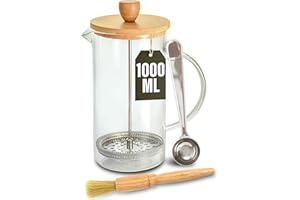 Cafetière à Piston - 1 l - Pour 5 Tasses - Avec Cuillère de Mesure et Brosse de Nettoyage - Pour Thé, Cold Brew