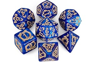 QMAY, Set di dadi poliedrici per Dungeon e Dragons MTG RPG D&D D20, D12, D10, D%, D8, D6, D4 (7 pezzi con motivo drago blu)