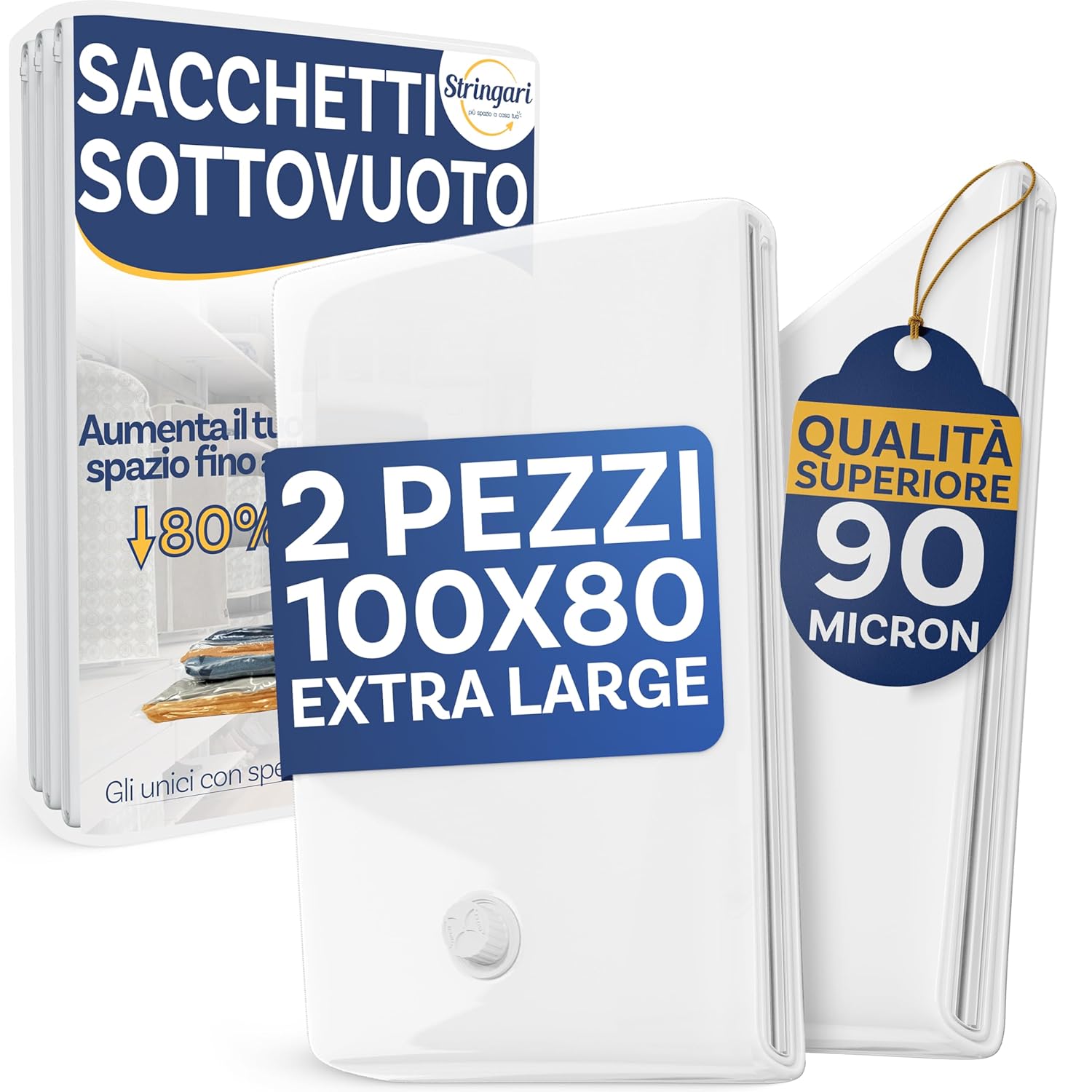 Stringari 2 Sacchi XL 100x80 cm - Sacchetti Sottovuoto Vestiti con Spessore 90 Micron - Buste di Qualità Superiore per Piumoni - Sacchi Salvaspazio per Armadi e Cambio Stagione