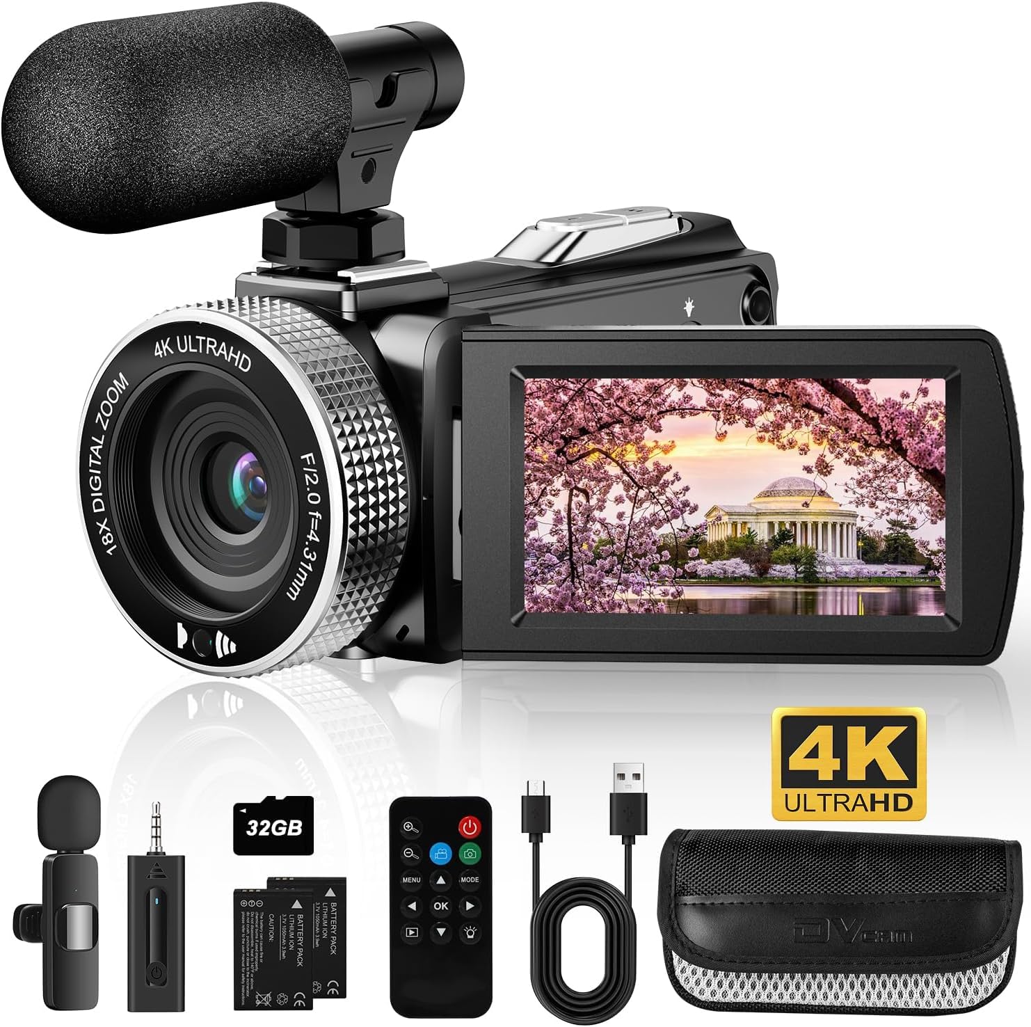 4K Ultra HD Video Camera Camcorder 48MP Vlogging Camera for YouTube, Camera for Vlogging, 18X Digital Zoom Video Recording with Wireless Lavalier Microphone, Remote, 2 Batteries, 32GB Card