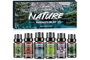 AESHORY 6 x 10ML Zestaw Naturalnych Olejków Eterycznych Do Dyfuzora, Relaksu, Wyrobu Świec - Bambus, Deszcz, Sosna Leśna, Drzewo Sandałowe I Róża, Lawenda I Rumianek, Świeżo Ścięta Trawa
