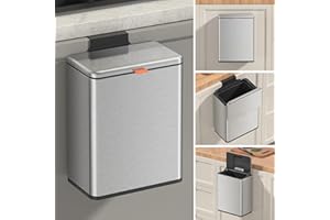 Mbillion Kitchen Compost Bin Hanging Trash Can with Lid 8L /2.1 Gallon Stainless Steel Garbage Can for Kitchen Cabinet Door Mounted Trash Can Under Sink Door RV Bathroom (Sliver, 8L)