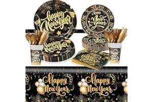 HEREER 81pcs Capodanno Set da tavola Lettiera Nero Oro Capodanno Stoviglie Capodanno Piatti di carta Tovaglioli Tazze per Capodanno Decorazione 2024 Forniture per feste di Capodanno