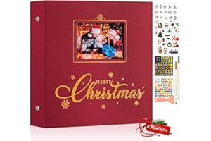 Lanpn Album Fotografico Natale Autoadesivo in Lino, Album di Foto fai da te con Finestra con Pagine Bianche Magnetiche Appiccicose, Regalo di Natale per Amici e Parenti (33,5x32.5cm, 80 pagine, Rosso)
