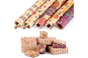 woric 5 Rolls Birthday Wrapping Paper, 43cm x 3m Wrapping Paper Roll Kraft Gift Wrapping Paper for Baby Shower Birthday Party Celebration (Accessories are Inside the Wrapping Paper Roll)