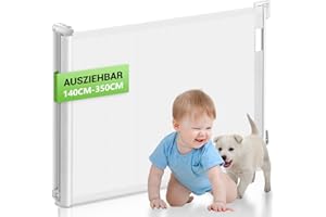 HAPPY FINDING Treppenschutzgitter Ausziehbar Extra Breit 350cm | 84 cm Hoch | Mühelos EIN klick Schloss | Einhändig Bedienbar | Türgitter ausziehbar aus PVC ABS für Treppen/Türen/Innen & Außen