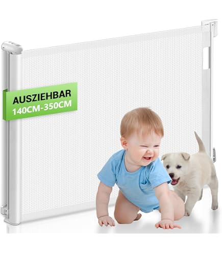 KISKIZ Einziehbares Baby- & Hundegitter – Extra Breit Bis 216 Cm, Ohne Bodenschiene, Mit Sicherheitsschloss
