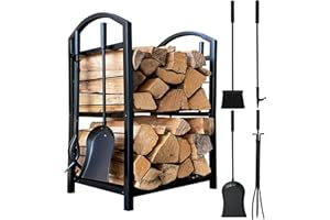 QUICK STAR Estantería de metal para leña de chimenea, 45 x 30 x 74 cm, almacenamiento interior con pala, pinzas, cepillo, atizador