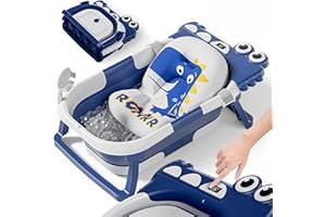 SUPERBE BEBE Bañera Plegable Bebé Con Cojín De Baño Antideslizante - Bañera Bebe Plegable Con Termómetro - Asiento bañera Bebe - Desde El Nacimiento Hasta Los 3 Años - Regalos De Nacimiento (AZUL, DINO)