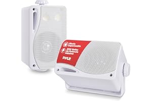Pyle sistema de par de altavoces, 3 vias, Resistentes a la intemperie, Montaje de grado marino 3.5”/200V, Parrilla ABS resistente, Uso interiores, Exteriores, Hogar, Piscina, Barco, Patio, Blanco