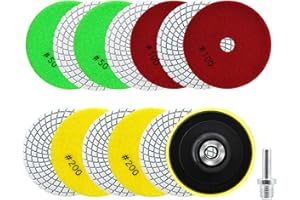 SANLEETEK Nass Diamant Polierscheiben - 12 Stücke 100mm Diamant Polierpad Körnung 50x4/100x4/200x4 mit M14 Stützteller+Adapter für Granit Marmor Kunststein Quarz für Winkelschleifer