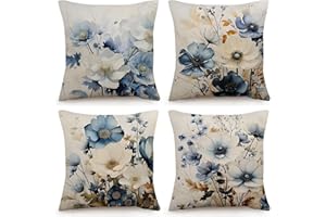 OYIMUA Lniane poszewki na poduszki 50 cm x 50 cm niebieskie kwiatowe poszewki na poduszki zestaw 4 kwadratowych poszewek na poduszki 50 x 50 cm, dekoracyjne poszewki na poduszki, na sofę, do użytku na