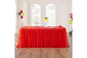 NSSONBEN Tulle Table Skirt Red Table Skirting with Gold line Fluffy Tutu Table Skirt for Baby Shower Birthday Party Wedding Banquet Table Decorations (2Yard/6ft/L183cm*H77cm)
