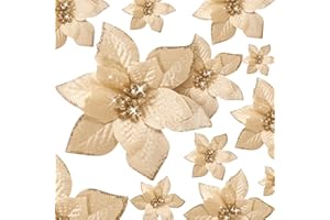 Cindeer 36 Piezas 3 Tamaños Flores de Navidad Artificiales Flores de Pascua con Purpurina Flores de Adornos de Árbol de Navidad Falsas con Clips para Año Nuevo, 10 cm, 15 cm y 22 cm (Champaña)