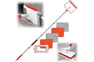 JEHONN Vadrouille de Nettoyage avec 142 cm Longue Poignée, Nettoyeur de Plinthes, 1 Brosse à Poils Durs, 2 Chenille et 2 Microfibre, Plumeau pour Plancher, Plafond, Fenêtre, Carrelage
