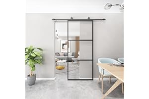 BARNSMITH Metal Frame Clear Tempered Glass Sliding Door Kit, 92cm W x 213cm H DIY Modern Pre-Drilled Holes Interior Barn Door Panel with 183cm Steel Sliding Door Track