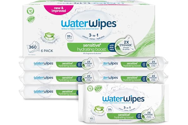 WaterWipes Sensitive+ Hydrating Boost Wipes, Lingettes Hydratantes, 360 unités (1 paquets), 3-en-1 nettoie, soigne, hydrate, 99% d'eau avec aloe vera, non parfumées
