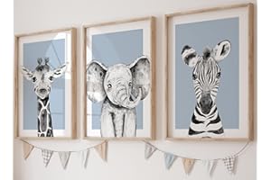 EVIEPOPS PRINTS Safari Animals With Dusty Blue Background Set of 3 Unframed Poster Prints For Baby Girl Boy Nursery Bedroom, Neutral Safari Bedroom Decor Wall Art Posters, Elephant Giraffe Zebra (3 prints, A3)